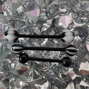 3 tongue rings black plastic screw on barbel plastic beads sparkly white racer